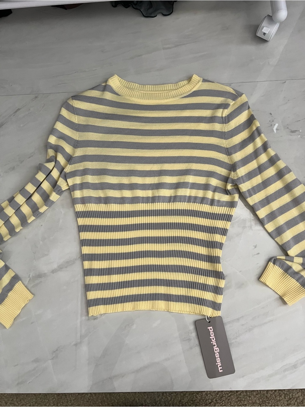 Missguided yellow and grey striped long sleeve top Size XS